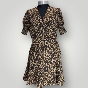 Blue Rain Leopard Print Wrap‎ Mini Dress Smocked Sleeve Ruffle Hem sz Medium